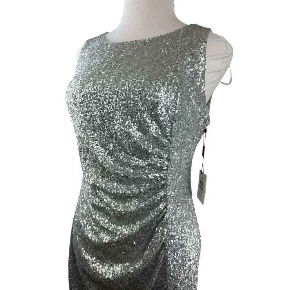 NWT Calvin Klein Sequin Ruched Sheath Shift Dress Silver Pleated Bodycon Size 14 - Picture 3 of 16